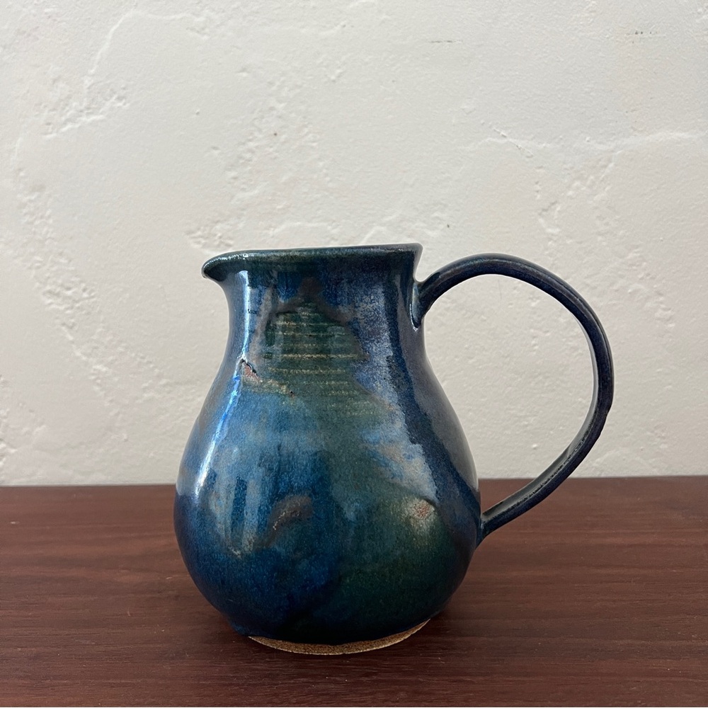Mid century signed Wabi sabi studio pottery blue green stoneware pitcher vase